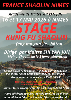 STAGE de kung fu  avec le Maître SHI YAN JUN   les 16 et 17 Mai 2026 à NÎMES